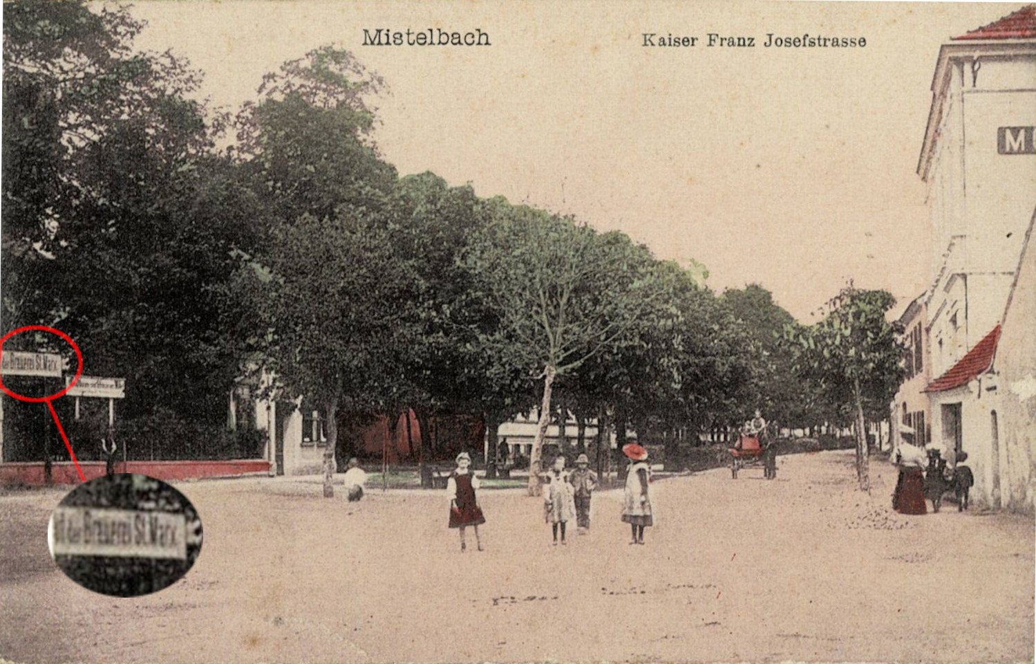Auf dieser 1910 gelaufenen Ansichtskarte ist links gerade noch der Schriftzug "(Bierdepot) der Brauerei St. Marx" erkennbar (siehe vergößertes Detail) und damit ist der Standort beim Gasthaus "Zum schwarzen Adler" in der Franz Josef-Straße auch bildlich dokumentiert.